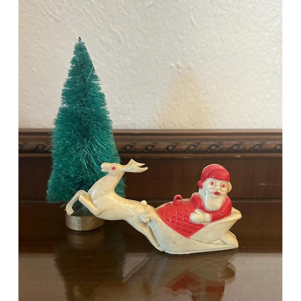 Vintage‎ 1950's Rosbro Santa Claus w/ Reindeer Ornament